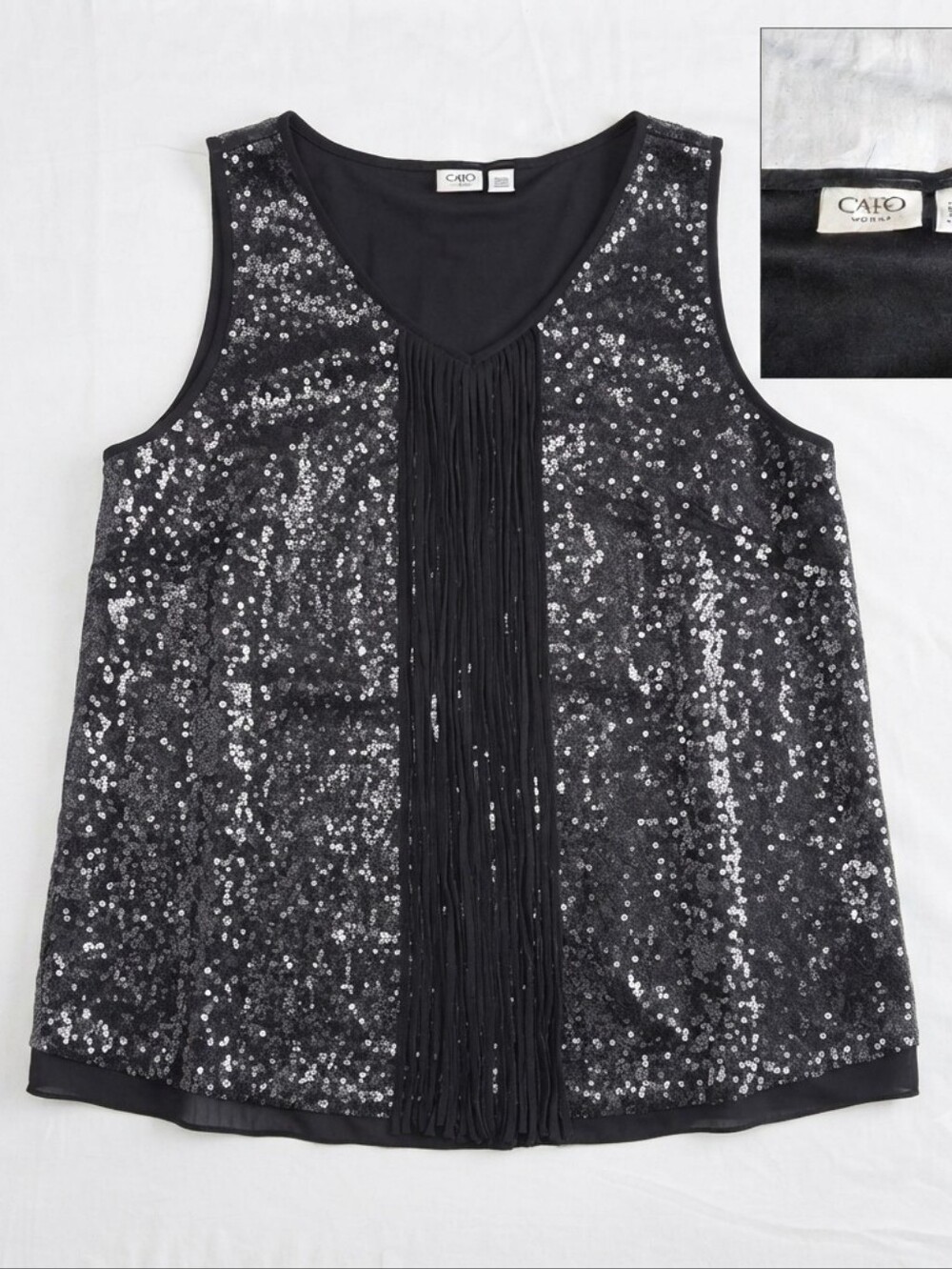 Cato Woman Women's Black Sequin Fringe V-Neck Sleeveless Tank Top Size 22/24W
